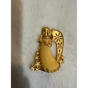Vintage Estarl Gold Tone & Enamel Angel Holding Candle Brooch Costume Jewelry